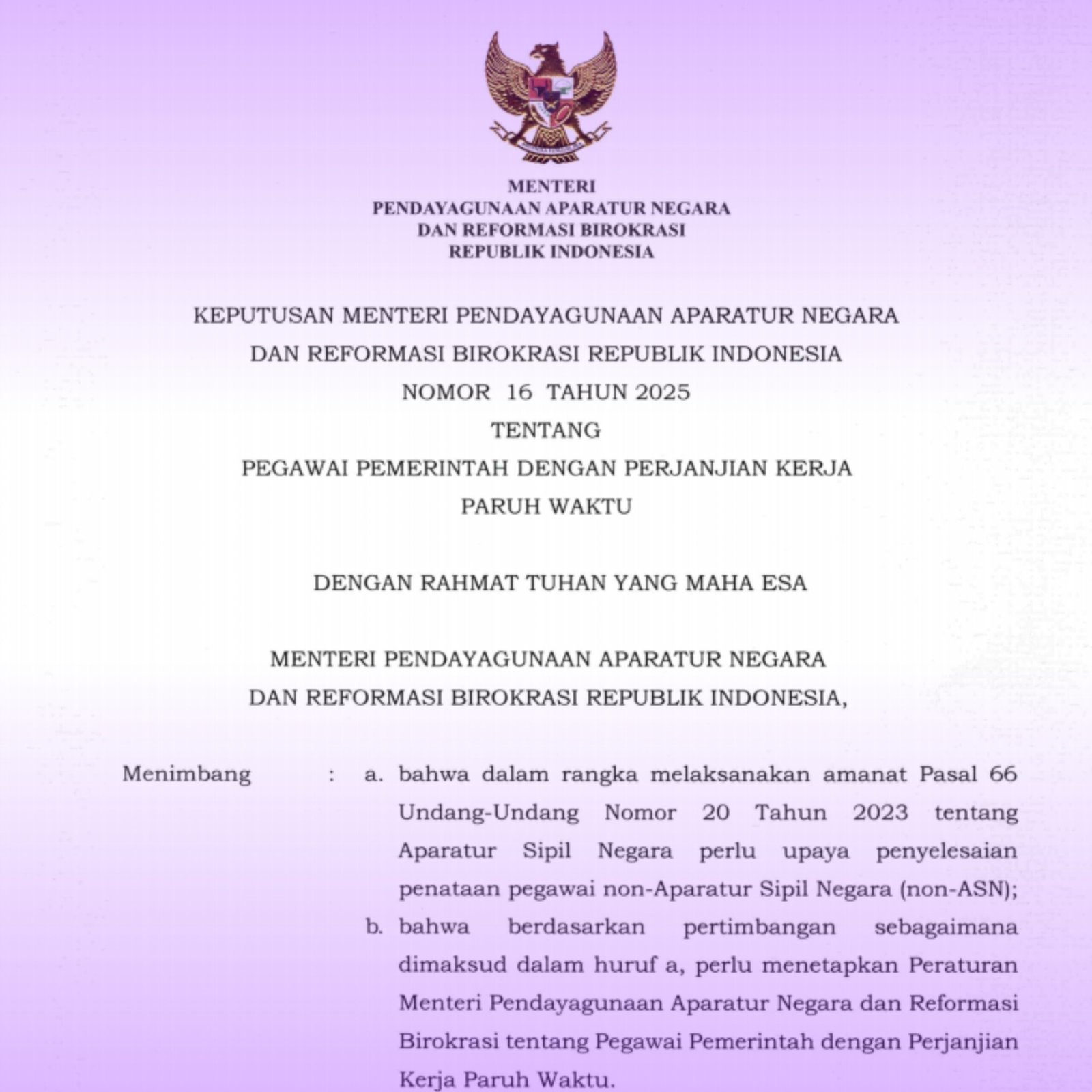 Foto : Surat keputusan Menpan RB No. 16-2025 terkait skema PPPK Paruh Waktu untuk pegawai non-ASN di Indonesia.