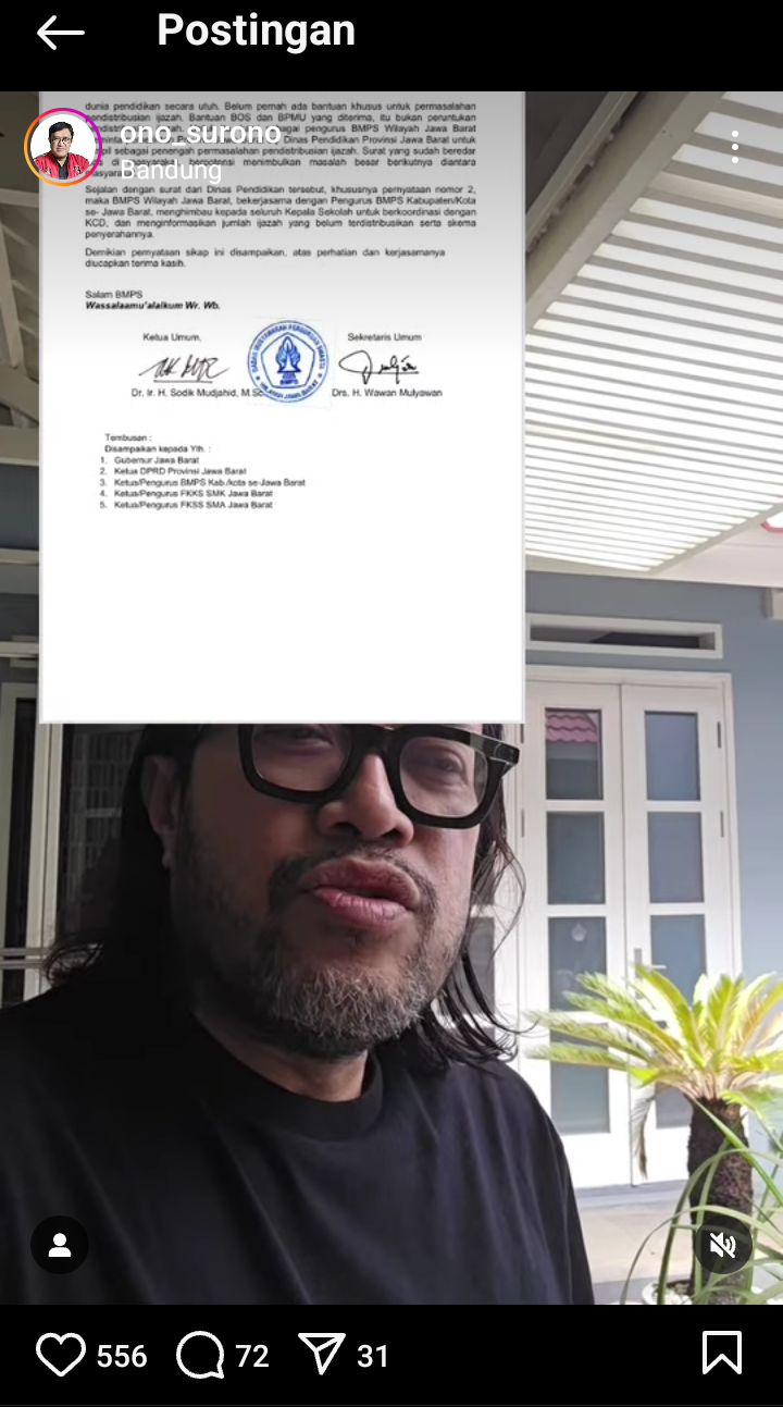 Foto : Surat penolakan Sejumlah SMA dan SMK swasta di Jawa Barat menolak memberikan ijazah kepada siswa sebagai respons terhadap surat edaran dari Dinas Pendidikan Jawa Barat di unggahan akun Instagram @ono_surono.