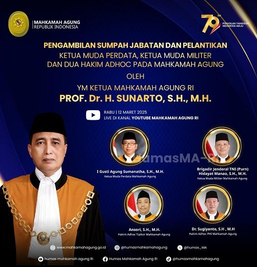 Ketua MA RI, Prof. Dr. H. Sunarto, memimpin upacara pelantikan pejabat tinggi Mahkamah Agung di Ruang Kusumah Atmadja, Jakarta.