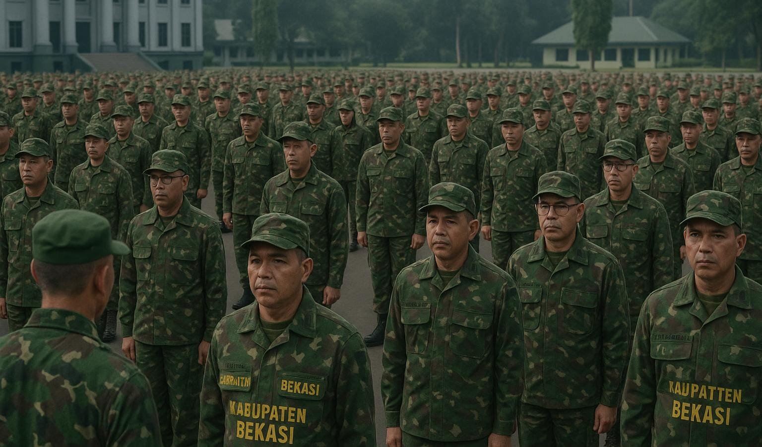 Retret Aparatur desa Kabupaten Bekasi mengikuti retret pembentukan karakter di Secapa AD Bandung, April 2025.