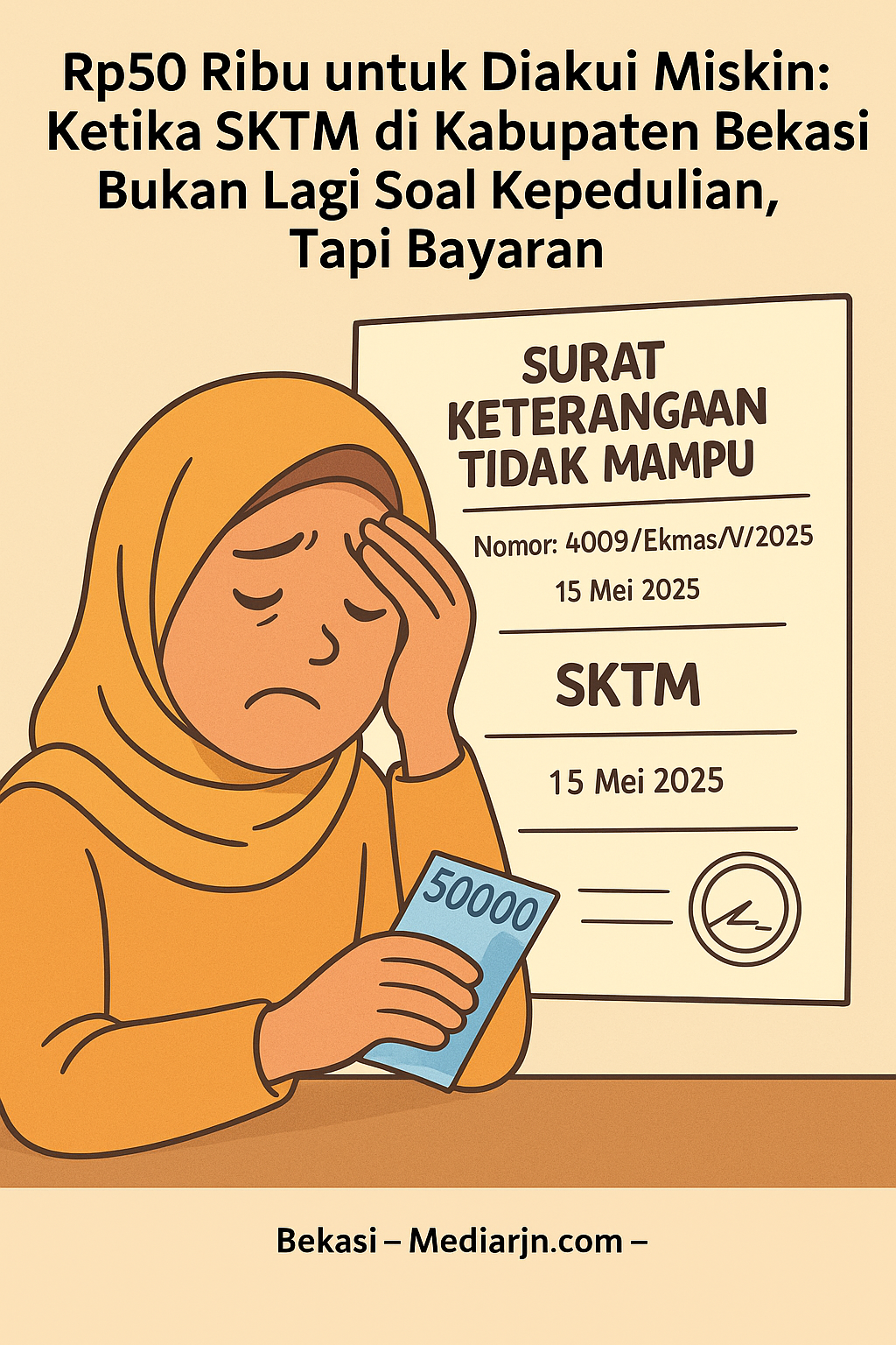 Gambar Ilustrasi: Ibu Berinisial 'N', warga Desa Mekarwangi Bekasi, mengaku harus membayar Rp50 ribu untuk mengurus SKTM dikenakan biaya demi biaya pendidikan anaknya. Padahal, surat tersebut seharusnya gratis.