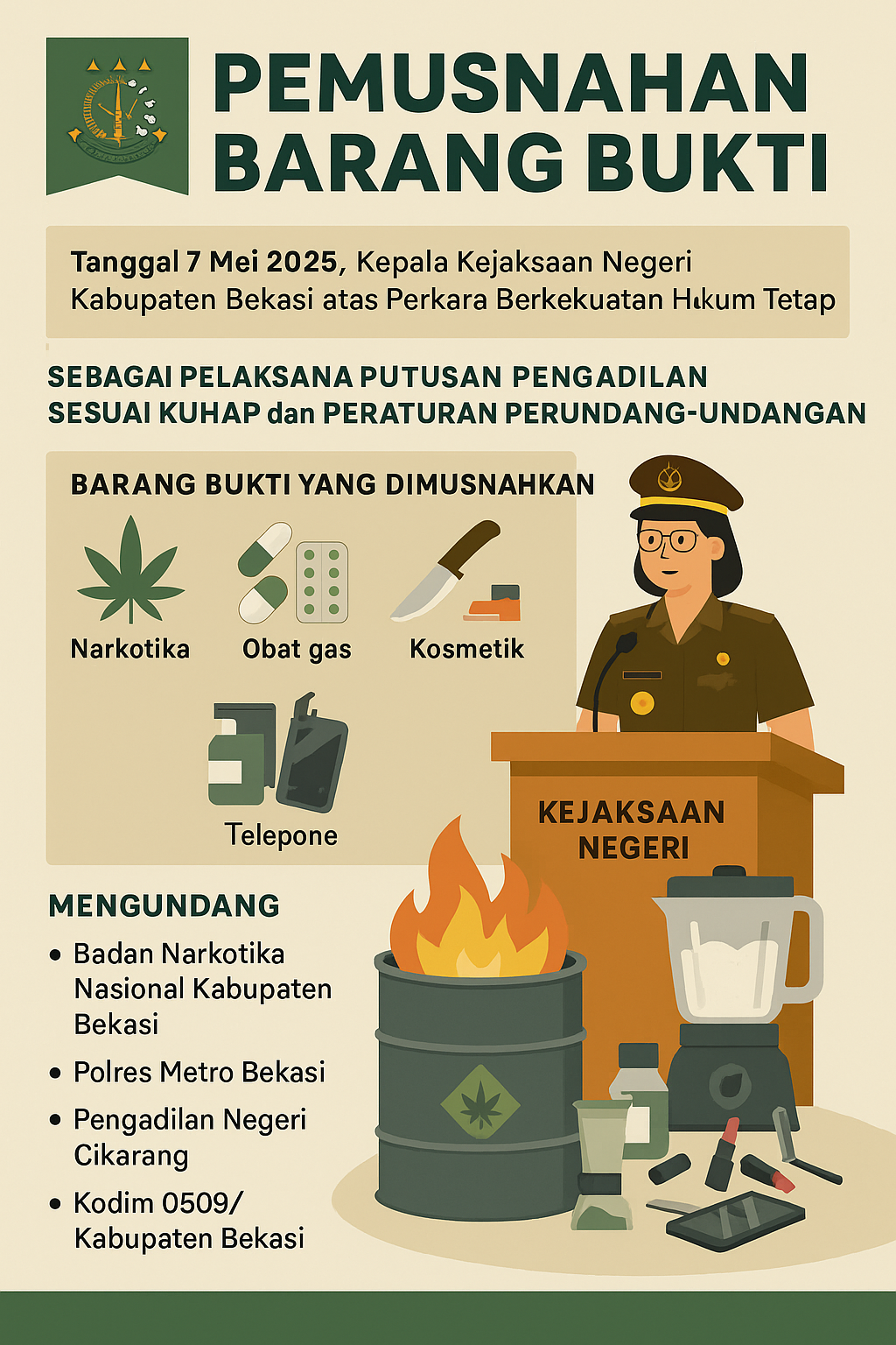 Gambar Ilustrasi: Kejari Kabupaten Bekasi memimpin pemusnahan barang bukti narkotika dan obat-obatan terlarang, 7 Mei 2025.