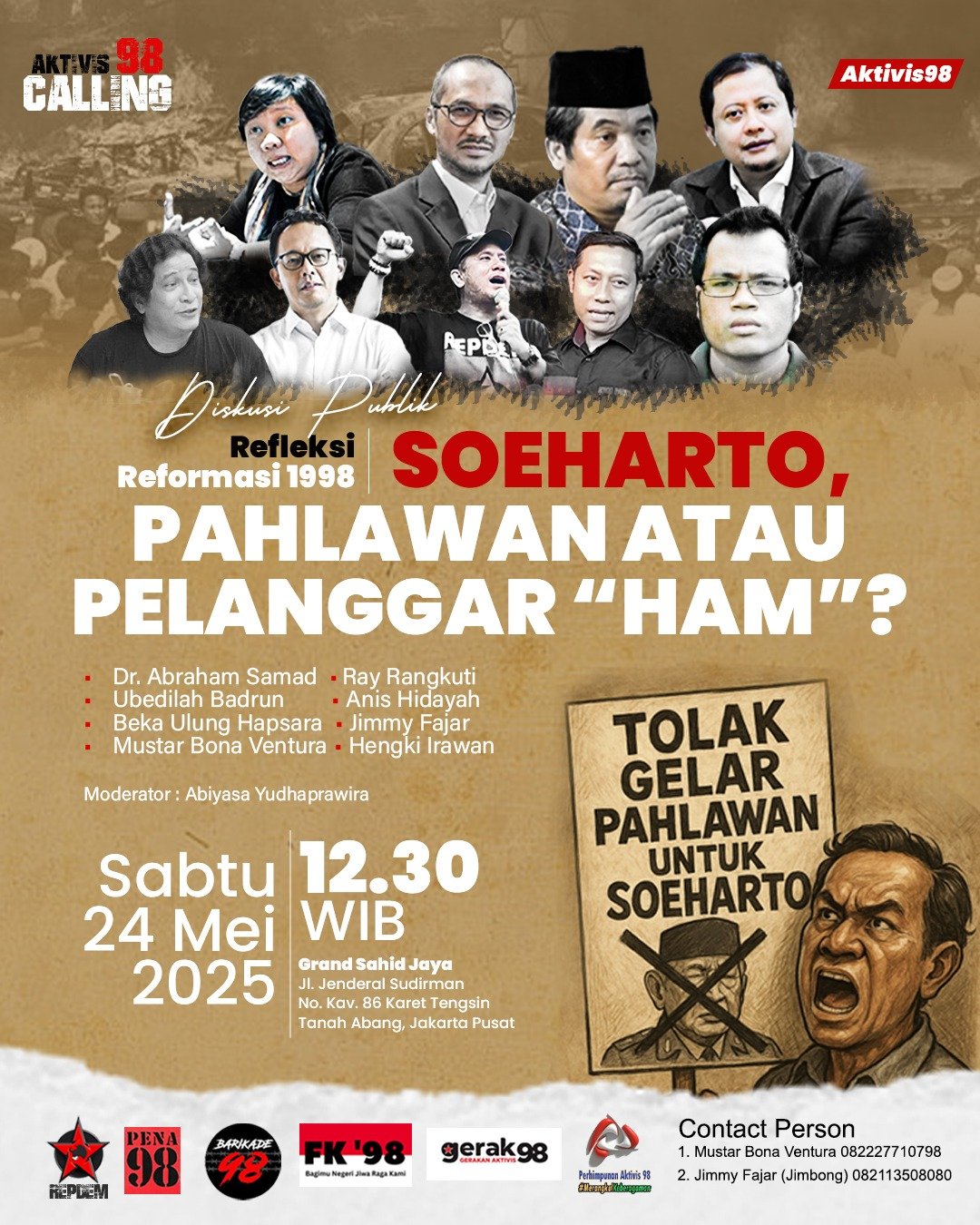 Aktivis 98 mengenakan ikat kepala 'Soeharto Bukan Pahlawan' saat refleksi Reformasi 1998 di Jakarta.