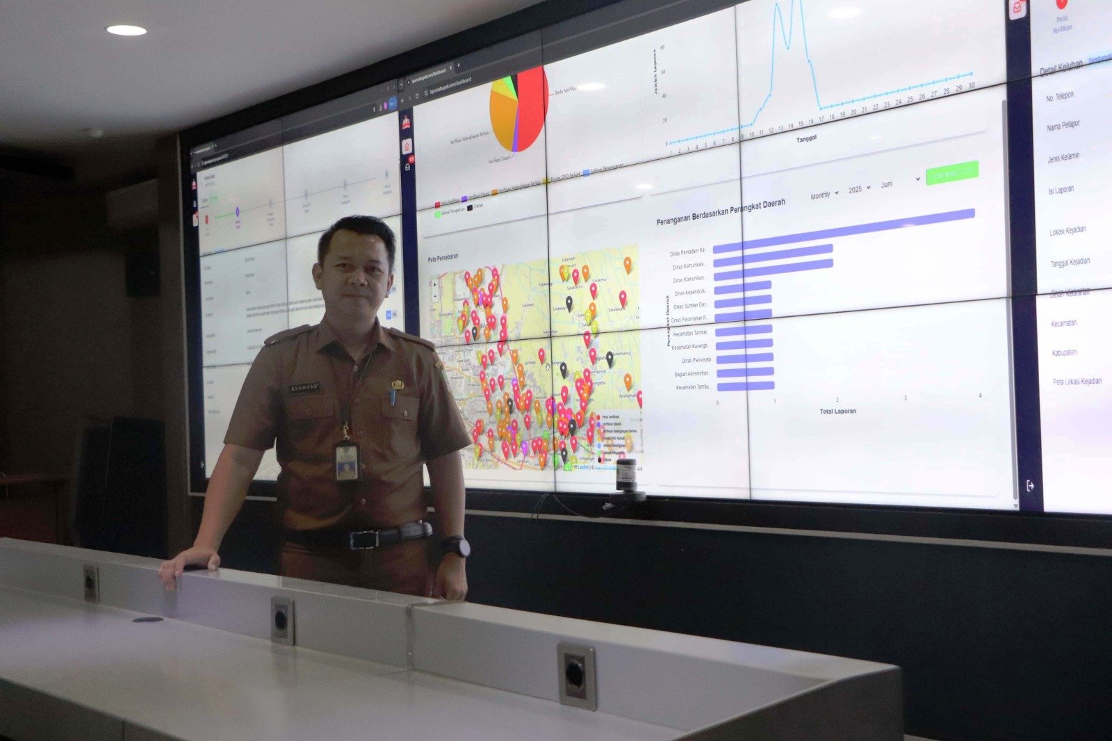 Rhamdan Nurul Ikhsan memantau laporan masyarakat melalui Command Centre Diskominfosantik Kabupaten Bekasi dalam penerapan sistem Lapor AA Bupati