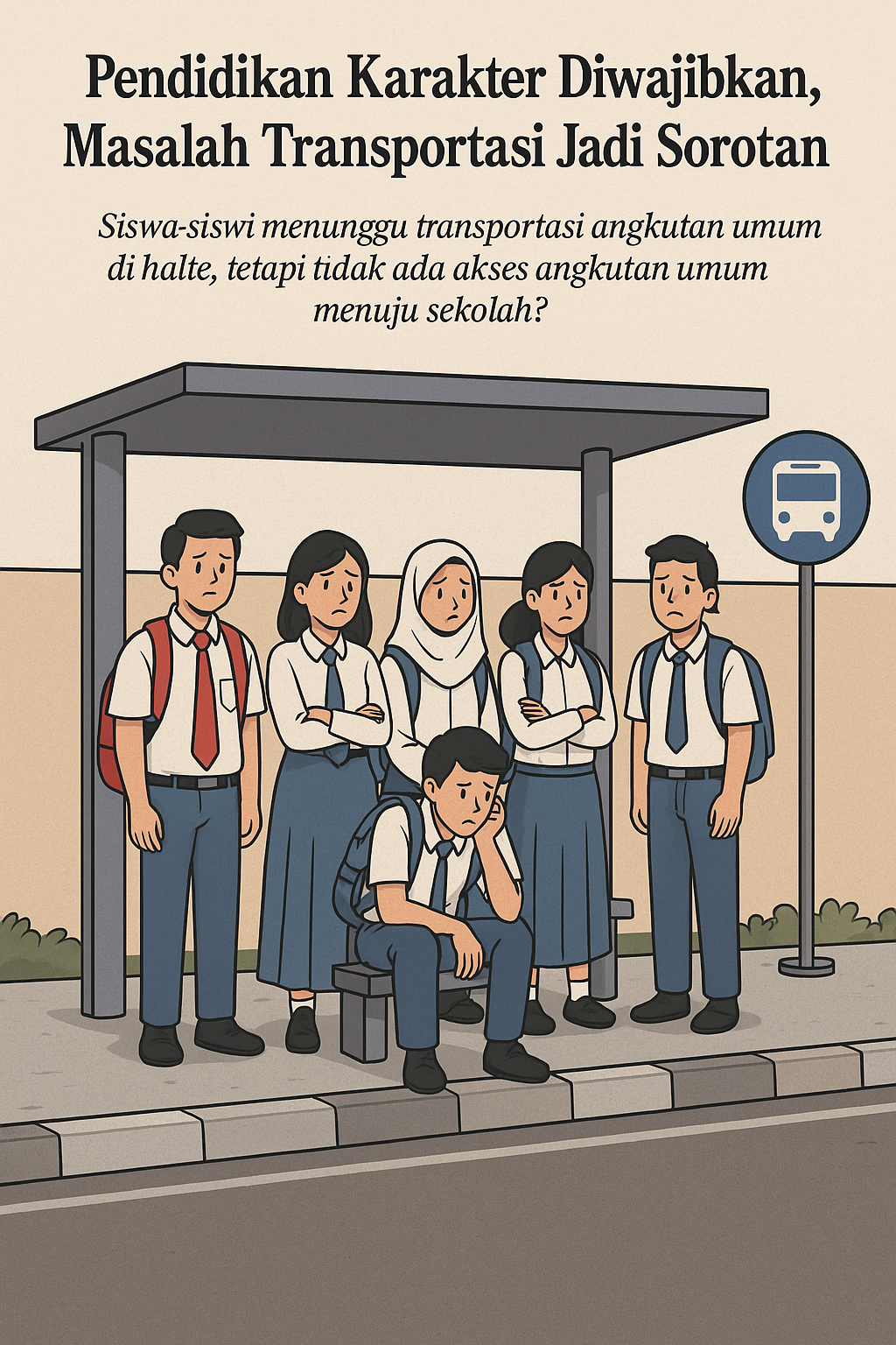 Gambar Ilustrasi: Siswa menunggu angkutan umum di halte tanpa kepastian trayek menuju sekolah di wilayah Bekasi