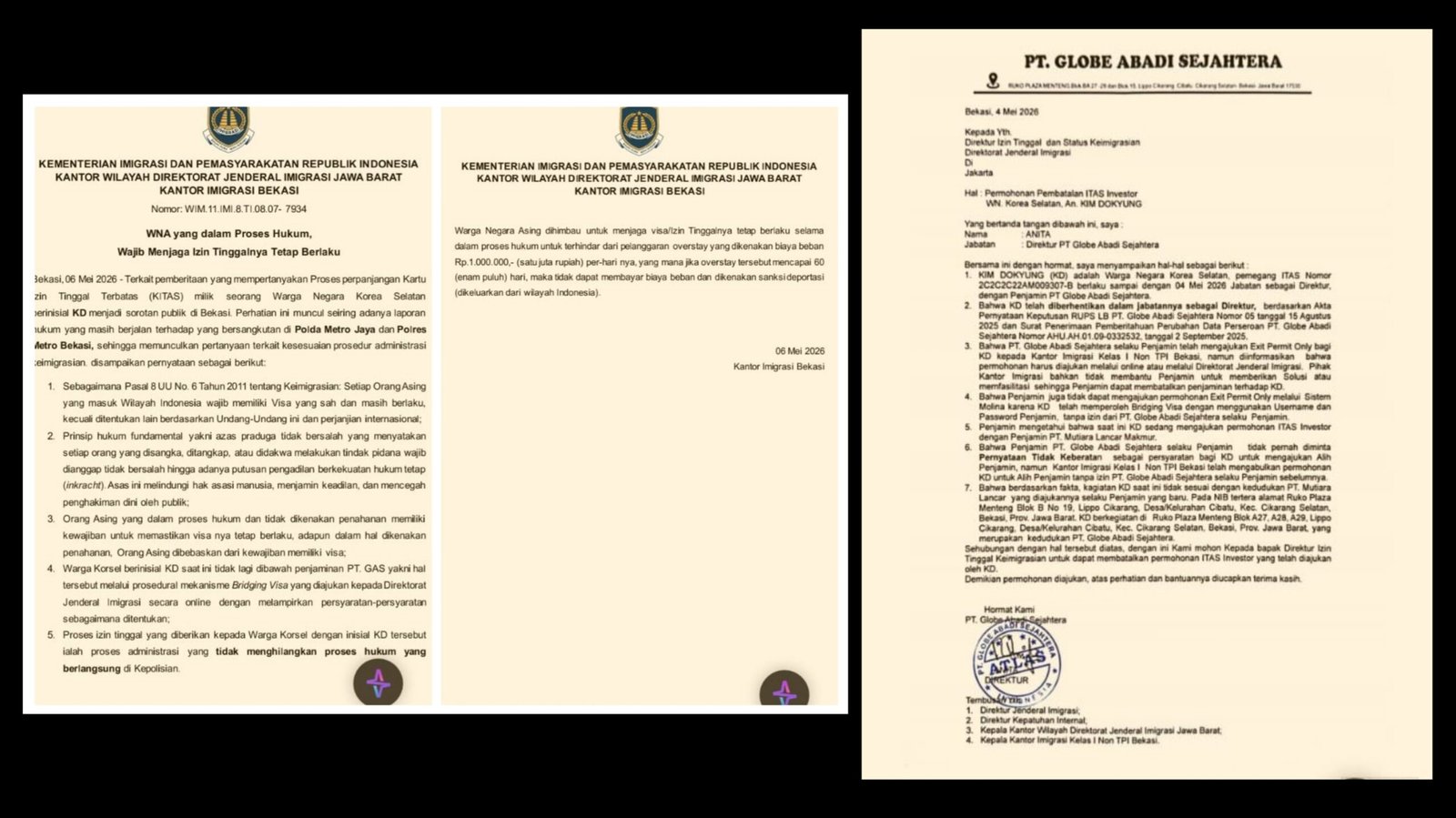 Surat awal klarifikasi Imigrasi Bekasi, terkait klarifikasi proses KITAS WNA Korea berinisial KD yang tidak bercap/ Barcode serta TTD/TTE dan Penanggung Jawab.